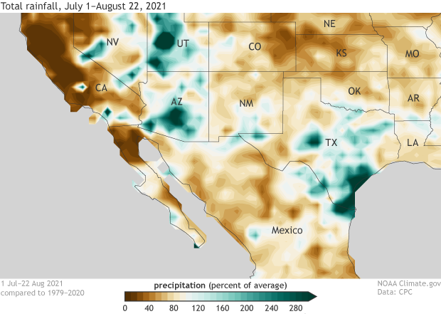July 1–August 22, 2021 precipitation shown as a percent of the average July 1–August 22, based on 1979–2020.